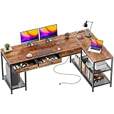 PRAISUN 63 Inch L Shaped Office Desk with Power Outlets and Type-C Port, Large Computer Gaming Desk with 3 Fabric Drawers, Mesh Shelves, Corner Study Work Writing Desk, Rustic Brown