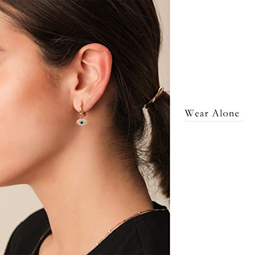 Ldurian Evil Eye Huggie Earrings, 14K Gold Plated Dangle Hoop, Small Eye Huggy For Mother's Day Gift, Women Girl, Protection Earrings With Charm, (Leverback, Brass) #TOP1