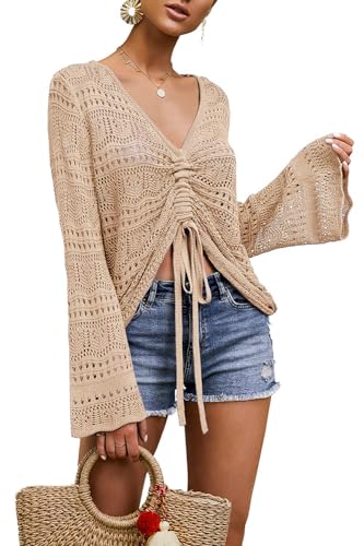 Spicy Sandia Women's Crochet Tops Tie Front Summer Sweater Bell Sleeve Boho Tops Beach Vacation Outfit Swimsuit Cover Up