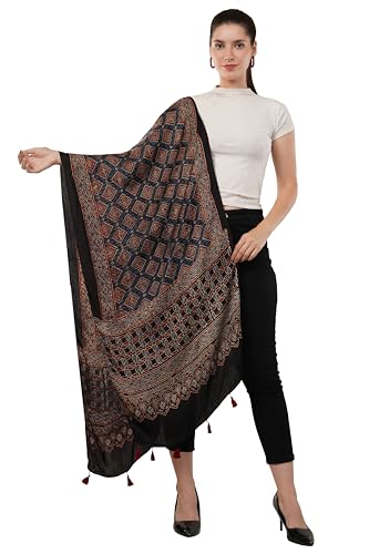 Exclusive hand block-printed, natural dyed Modal silk Ajrakh stole,Scarf, Warm Stole, Indian handmade silk stole/scarf with tassels(Design-9)4
