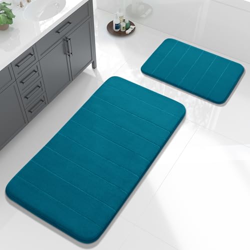Yimobra Bathroom Rugs Sets 2 Piece, Soft Absorbent Memory Foam Bath Mats Set, Dry Fast Bath Mat, Machine Washable Bath Rug Set for Bathroom, 17x24+44.1x24 Inches, Peacock Blue