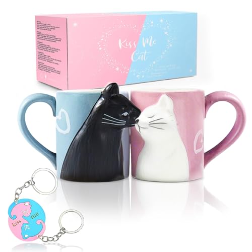 MengCat Wedding Gift Cat Coffee Couple Mugs Cute Funny Tea Cups Set Mug for Decorations Wedding Gifts for Bride and Groom Kiss Matching Gift for Anniversary Engagement Valentines Day Birthday