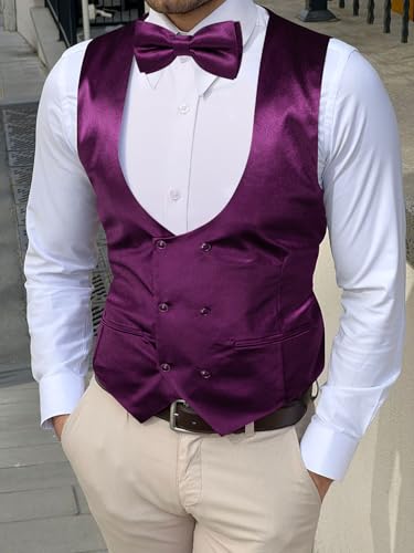 Silk Men's Suit Vest Slim Fit U-Neck Double Breasted Dress Vest Casual Business Formal Waistcoat