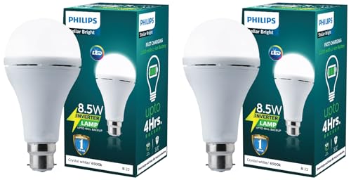 Image of PHILIPS Stellar Bright Rechargeable Emergency Inverter LED Bulb, B22 8.5w Crystal White(Pack of 2)