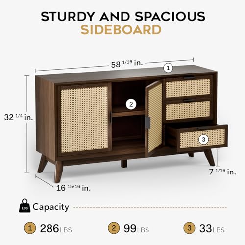 Image of Bme Rattan Pre-Assembled Buffet Sideboard with 3 Drawers & 2 Doors, 58 inch Accent Console Table Living Room, Kitchen, Dining, Walnut, Jasper Storage Cabinet