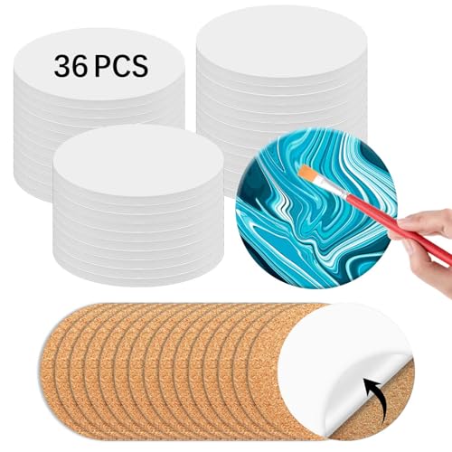 36 PCS Round Ceramic Tiles for Crafts 4x4 inches and self Adhesive Cork mat unglazed Ceramic Coasters for Crafts Use with Alcohol Ink or Acrylic Pouring Make Your Own DIY Coasters