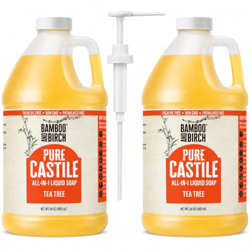 Image of BAMBOO AND BIRCH Pure Castile Soap Liquid, Certified Palm Oil Free Natural Soap, Tea Tree, 1 Gallon