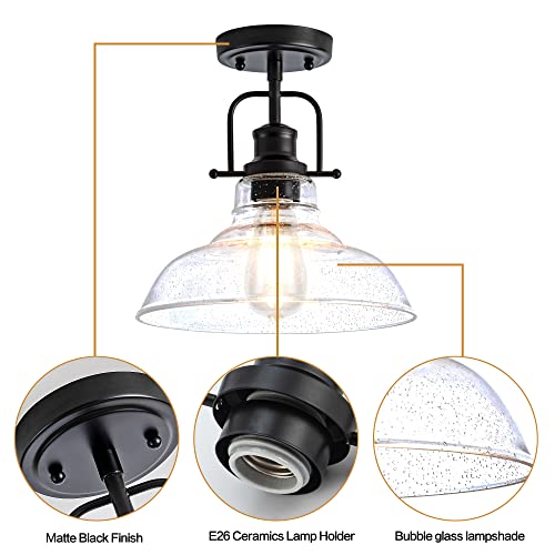 Zlepmlla 8726-1X-1 Flush Mount Ceiling Light Fixture < Bulb Included >, Black Metal Frame Ceiling Light Fixture With Seeded Glass, Farmhouse Light Fixture thumb #2