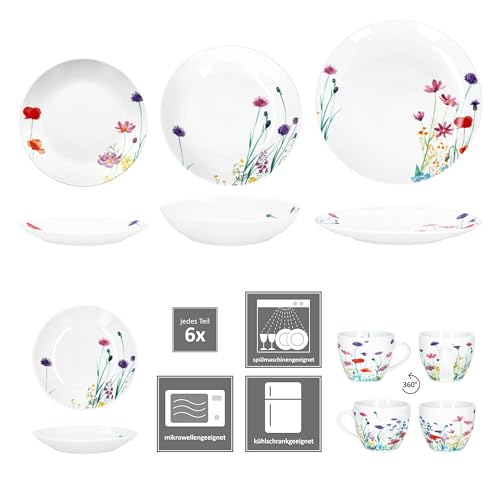 MamboCat Marie 30tlg Kombiservice I Porzellan-Geschirrset mit Blumenwiese-Dekor für 6 Personen I Je 6X Tassen, Untertassen, Kuchenteller, Suppenteller & Speiseteller