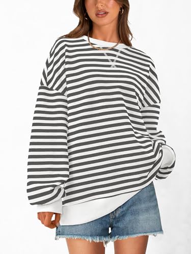 Image of PRETTYGARDEN Womens Striped Oversized Sweatshirt Color Block Crew Neck Long Sleeve Casual Loose Pullover Top Y2K Clothes