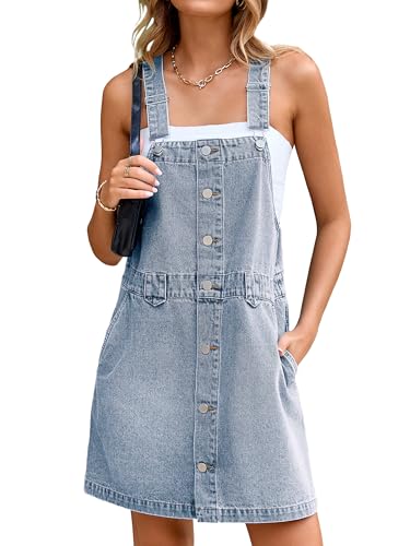 Glamaker Damen Denim Overall Kleid Jeans Ärmellos 2025 Mini Latzhose Casual Knopf Kleid mit Tasche, weiß / blau, Mittel