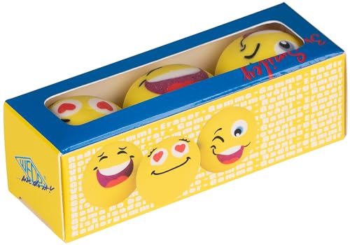 WEDO Lot de 3 gommes Smiley - En forme d'émoji rond - Sans PVC et sans latex - Diamètre : environ 25 mm - Idéales pour l'école, le bureau et les travaux créatifs