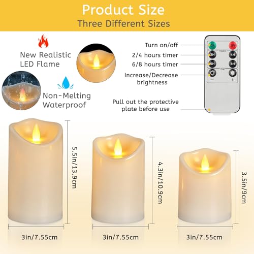 Image of Flameless Candles 4 inch 5 inch 6 inch Set of 3 Outdoor Indoor Ivory Pillars Battery Operated Flickering Candles with Cozy Climbing Flame Effect, 8-Key Remote Timer, Plastic LED Candles for Wedding Decor