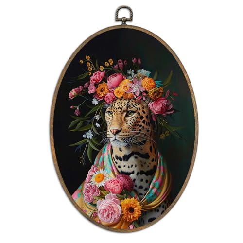 SHQIEUDH Maximalist Cheetah Floral Oval Wall Art 8.6x11.4 Inch
