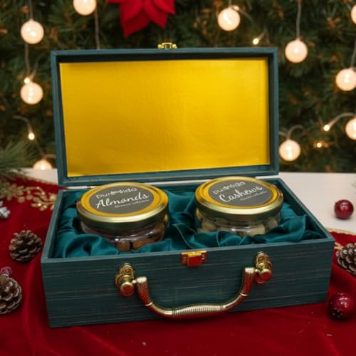Image of Purevida Premium Dry Fruits Gift Box - 300g (Almonds 150g + Cashews 150g) | Christmas & New Year Gift Hamper | Elegant Green Box with Glass Jars | Healthy Festive & Corporate Gifting