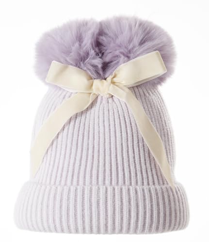 Screamer Kids Emma Beanie with Double Faux Fur Poms and Velvet Bow - Purple