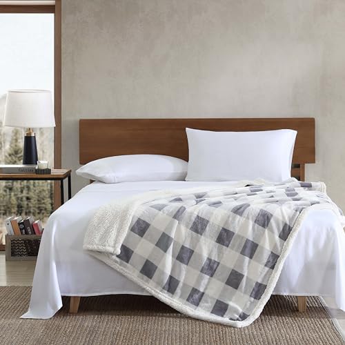Image of Eddie Bauer - Throw Blanket, Brushed Fleece & Plush Sherpa Soft Blanket, Throw Blanket for Couch & Bed (Mountain Plaid Chrome Grey, 50 inch x 60 inch)