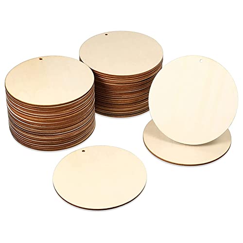 Recopilación de Madera sin acabado Top 5. 42 Ducahye - 50 piezas de círculos de madera sin acabar con recortes redondos – Etiquetas perforadas, discos de madera en con agujeros colgantes (4 pulgadas)