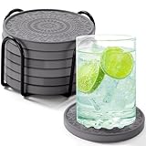 Photect Diatomaceous Earth Coasters Set with Holder Absorbent Stone Drink Coasters Instant Drying Tray for Tabletop Protection Home Decoration Housewarming Gift(Black,6 Pcs)