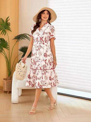 ECOWISH Womens Summer Dresses 2026 Casual Puff Short Sleeve V Neck Floral Boho Tiered Ruffle Maxi Dress with Pockets Red Floral X-Large — view 5