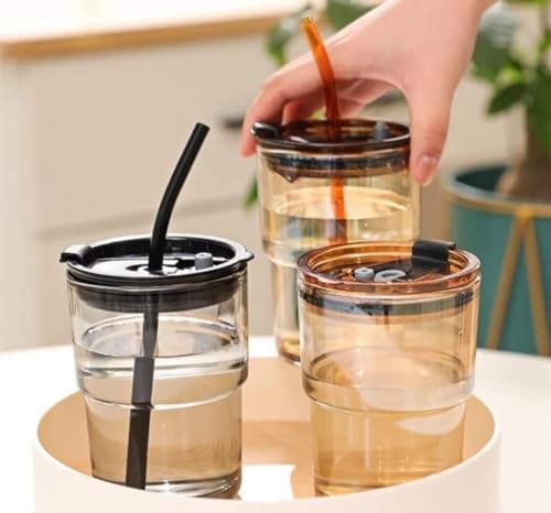 Image of SUANI Viral Glass Tumbler with Lid and Straw, 400ml Transparent Drinking Glass Cup for Iced Coffee, Cold Coffee, Juice, Smoothies, Milk, Tea and Beverages, Pack of 2