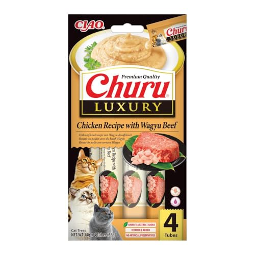 INABA Churu Luxury Snack per Gatti Cremoso con Tonno e Carne Wagyu - 1 Pack (4 Stick x 14gr) - Delizioso e Pregiato Cibo per Gatti da Leccare - Snack Gatto Senza Conservanti o Coloranti Artificiali