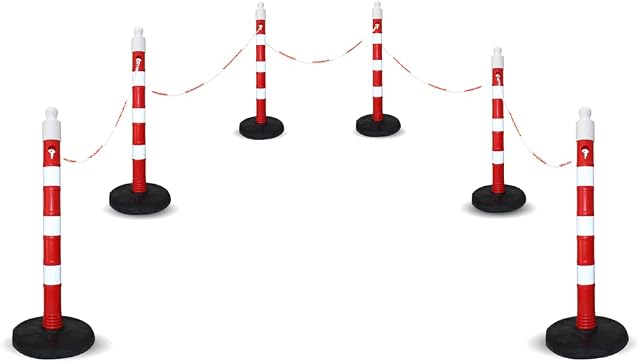 Safety Barrier Set 6 Pcs 110x8CM Warning Post with 5 Pcs 3 Meter Plastic Chain | Freestanding Reflective Channelizer Post and Plastic Chain with Clamp| Sign Board Direct Attachable Bollard Red