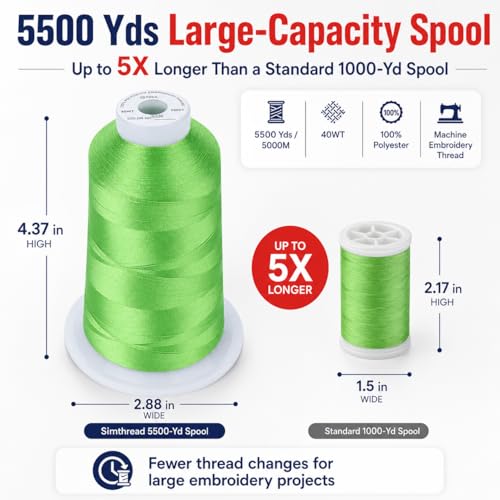 Image of Simthread 5000M 40WT Polyester Embroidery Thread, Apple Green S036 | 5000M 40WT polyester thread feeds smoothly for machine embroidery, monograms, logos, patches and quilting.