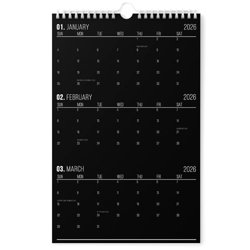 Karto 3 Month Wall Calendar 2026 - Vertical 11x17 inch January 2026 to June 2027 - Boost Your Productivity and Easy Planning with the Aesthetic Monthly Calendar - All Black