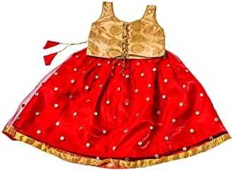 TRADITION INDIA Gold Brocade & Red Net Sleeveless Lehenga Choli Set, Designer Pattu Pavadai, Kids Ethnic Wear