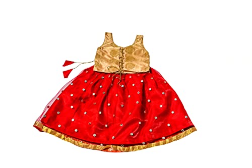 TRADITION INDIA Gold Brocade & Red Net Sleeveless Lehenga Choli Set, Designer Pattu Pavadai, Kids Ethnic Wear
