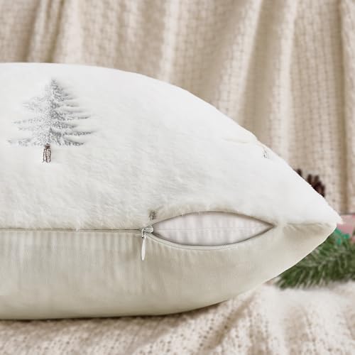 Image of MIULEE Christmas Decorative Pillow Covers Set of 2 Faux Fur Throw Pillows with Embroidered Christmas Tree 18x18 Inch White Gold Winter Couch Covers for Festival Sofa Bedroom Living Room Home Decor