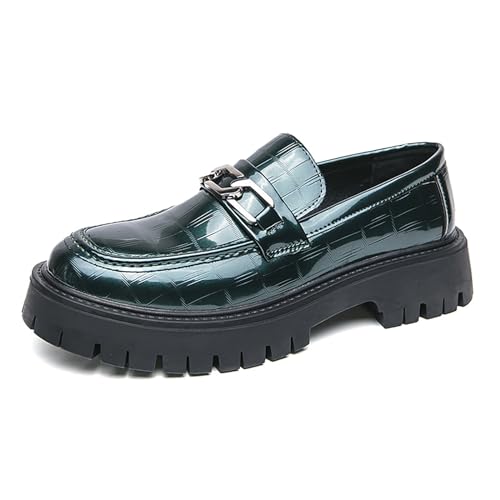 Men's Patent Leather Platform Slip-on Loafers,Fashion Round Toe Metal Decoration Non-Slip Thick Sole Business Dress Shoes Causal Party Wedding Prom Shoes