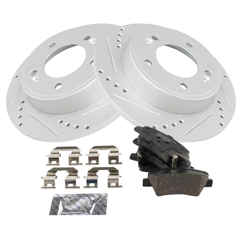 Image of TRQ Performance Rear Brake Pad and Rotor Set Ceramic G Coated Drilled Slotted Rotors Compatible with 2016-2017 Hyundai Veloster 2017-2020 Elantra GT 2017-2018 Kia Forte Forte5 2017-2019 Soul