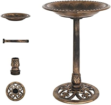 VINGLI Pedestal Bird Bath 28 Inch Antique Copper Resin Birdbaths Weather Resistant Floral Accents and Vintage Finish Garden Decor for Outdoor Lightweight Courtyard…