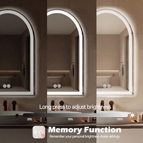 Image of Sweetcrispy 24 inchx36 inch LED Bathroom Backlit Mirror with Lights, Arched Vanity Mirror with Anti-Fog, Dimmable, 3-Color Light, Memory Function, Tempered Glass