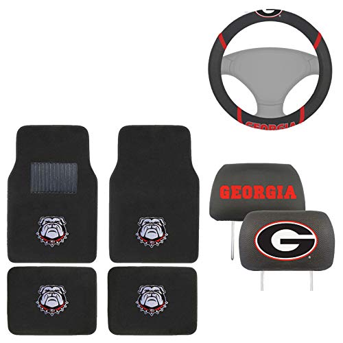 AAC FANMATS NCAA Mascot Carpet Floor Mats Bundle with Head Rests and Steering Wheel Cover for Georgia Bulldogs Fans Officially Licensed(7 Items)