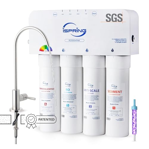 iSpring RO5004F-AK UV Alkaline Reverse Osmosis Water Filter, SGS Tested PFAS and TDS Reduction, 500 GPD Tankless Remineralization RO System Under Sink, Filter Life Monitor, 2:1 Pure to Drain