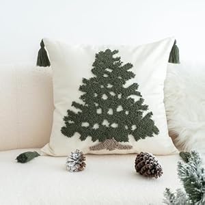 Green Tufted Christmas Tree Throw Pillow Cover New Year Farmhouse Pillowcase with Tassels Hand Woven Cushion Sham for Winter Holiday Home Decor 18×18 inch 1PCSFir Tree