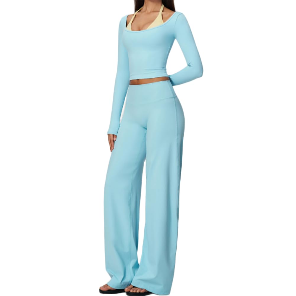 Top maniche lunghe scollo U e pantaloni yoga gamba larga a vita alta