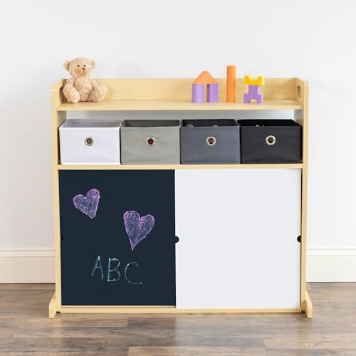 Humble Crew Dalton Toddler Organizer with 12 Fabric Bins and Chalkboard/Dry Erase Sliding Doors – Natural Wood Frame, Kids’ Storage Unit for Playroom, Bedroom or Nursery by Humble Crew - Image 3