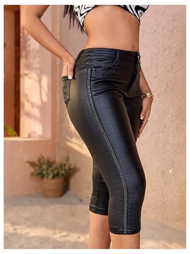 MakeMeChic Women's Capri Pants Faux Leather Mid Waist Party Clubwear Trousers4