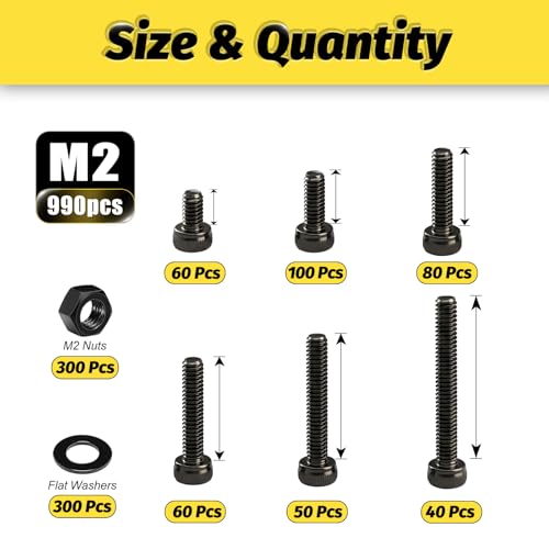Image of Kadrick M2 Metric Screws Kit 990PCS, Optimized Assortment with More Screws & Smarter Size Distribution, Class 12.9 Socket Head Cap Screws, Black Zinc Plated M2 Bolts for Electronics & 3D Printing