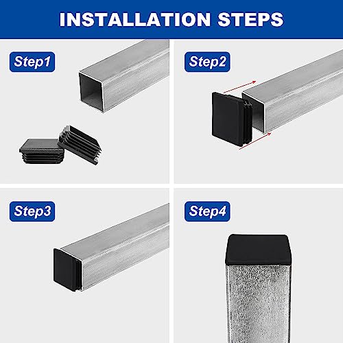 Image of 2 Inch (50 mm) Square Plastic Hole Plugs - 4 Pack Black End Caps for Metal Tubing, Fences, Glide Protection from Chair Legs, Furniture and Floors