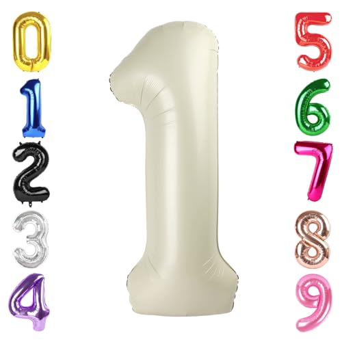 Image of 40 Inch Cream Number 1 Balloon Birthday Party Decorations for Men & Women | 40 Inch Cream inflatable foil number balloons, large birthday decorations for 1st birthday