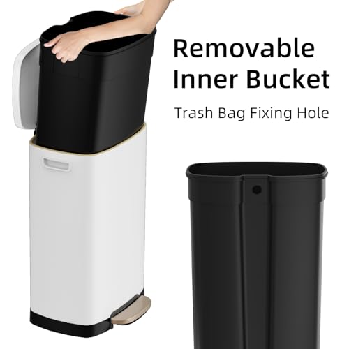 Image of KUK 13 Gallon Kitchen Trash Can with Lid, 50L /13Gal Office Step Garbage Can for Home, Kitchen, Laundry Room, Office, Brushed Stainless Steel, White