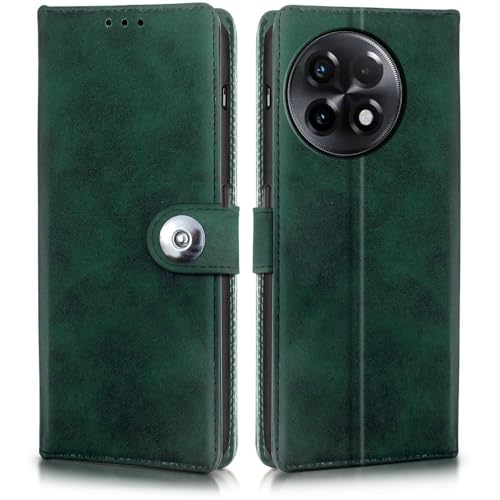 Image of WOW IMAGINE Shock Proof Flip Cover Back Case for 1+ OnePlus 11R 5G (Magnetic Button Flip Case | Wallet Pockets & Stand | Leather Finish | Forest Green)