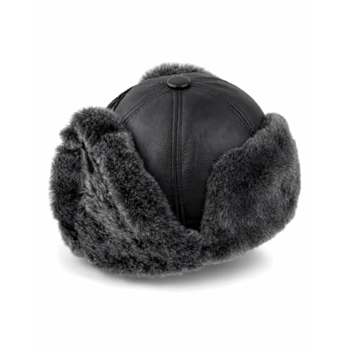 Image of Leather Aviator Russian Ushanka Trapper Shearling Sheepskin Fur Ear Flap Waterproof Winter Hat