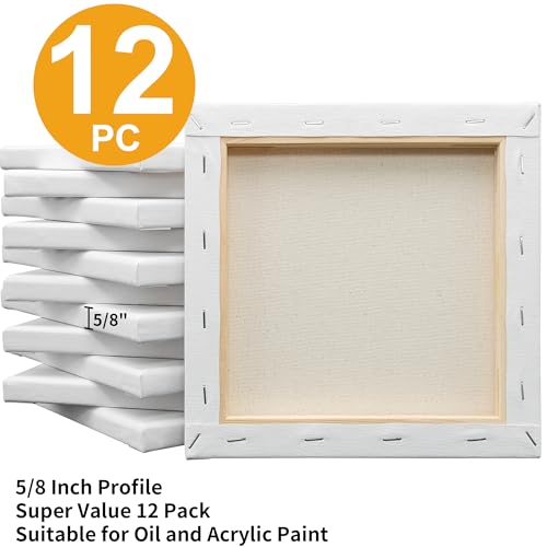 Image of FIXSMITH Stretched White Blank Canvas- 8x8 Inch,Bulk Pack of 12,Primed,100% Cotton,5 /8 Inch Profile of Super Value Pack for Acrylics,Oils & Other Painting Media.