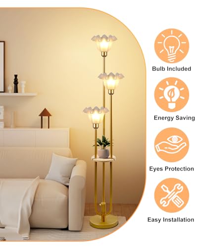 Image of Lightdot Flower Floor Lamp for Living Room Dimmable Vintage Floor Lamp with Shelf& Bulbs Included Mid Century Gold Floral Standing Tall Lamp with 5Lbs Heavy Base for Bedroom /Sofa Beside /Corner Decor